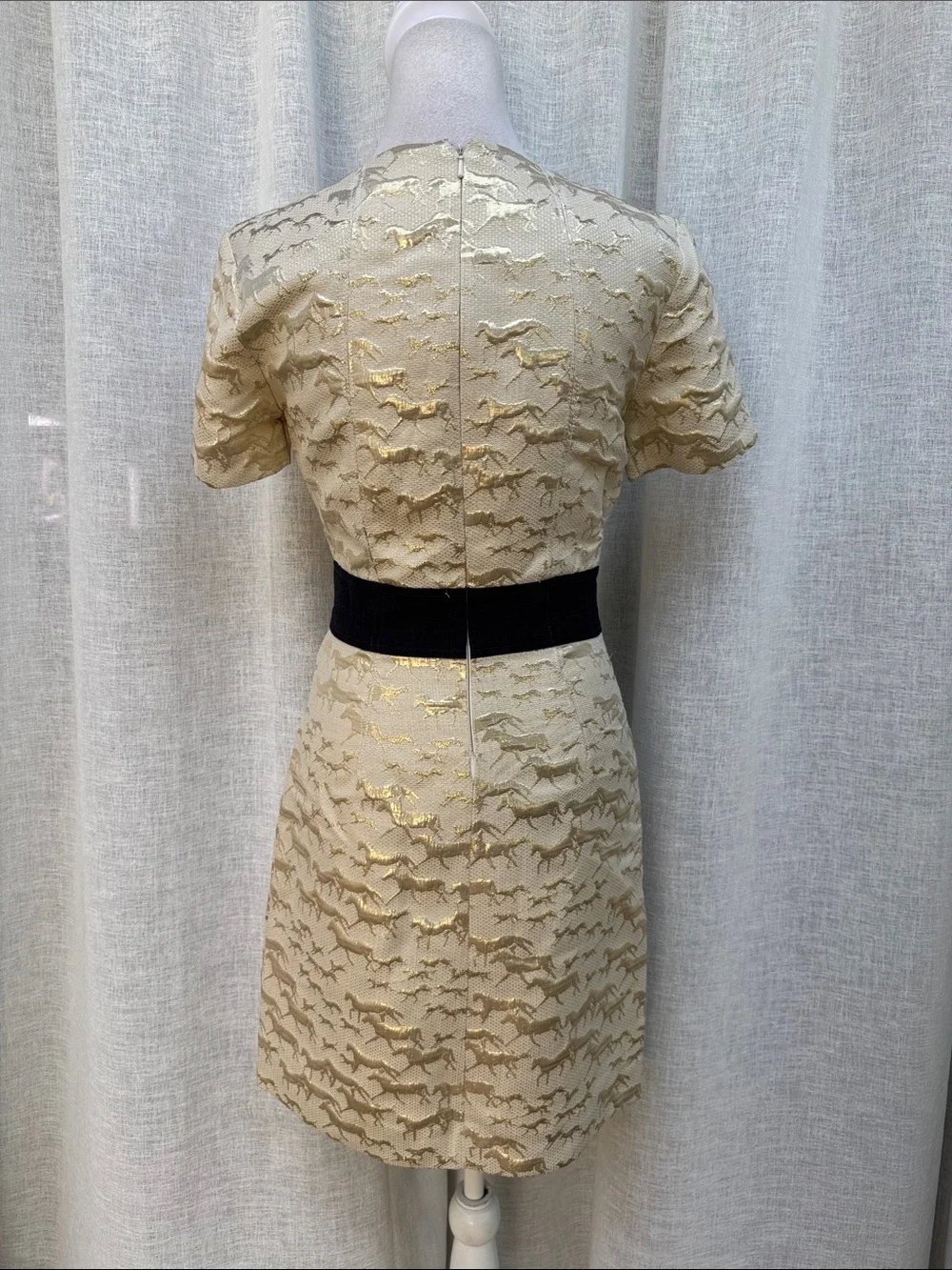 Tory Burch Mini Horses silk gold metallic jacquard dress with black ribbon belt